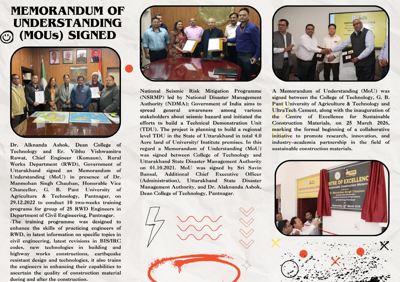 MoUs signed by the Department / College of Technology with RWD, Uttarakhand SDMA and UltraTech Cement
